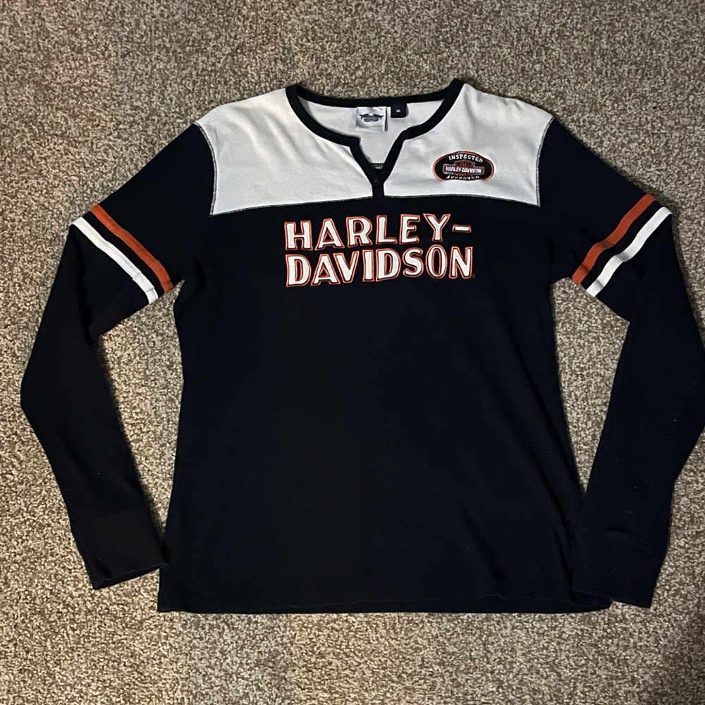 Harley Davidson Black Orange Long sleeved embroidered Top Shirt